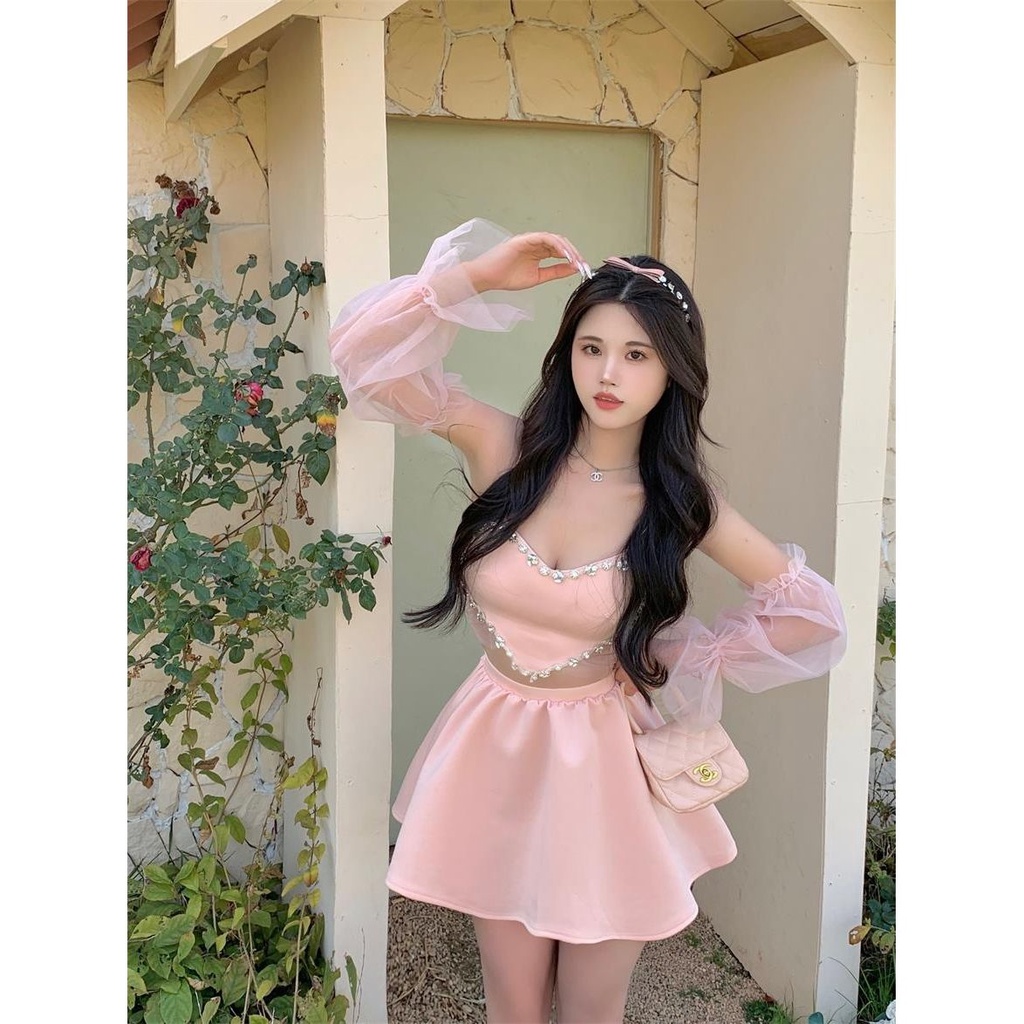 Bán Chạy Bộ Đồ Công Chúa Pettiskirt Hai Dây Khảm Đá Kim Cương Tinh Khiết Hình Trái Tim Phối Lưới May Tỉ Mắn + Eo Cao