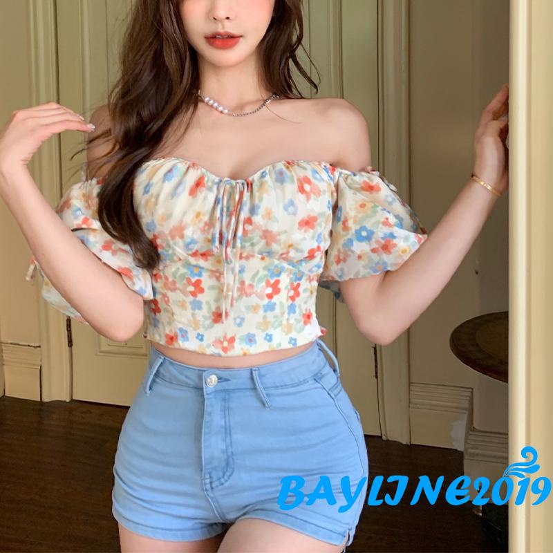 Áo kiểu tay phồng ngắn in họa tiết hoa thời trang cho nữ