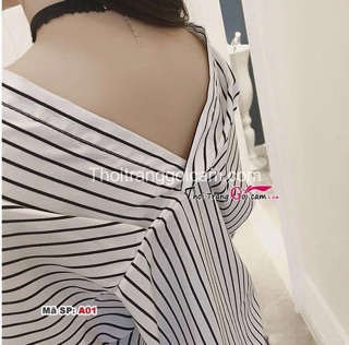 Sơ mi sọc cổ V kèm ảnh thật