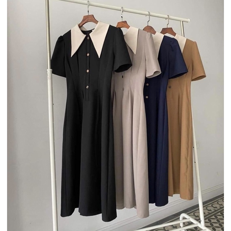 Đầm váy cổ trắng nút trước 7 màu