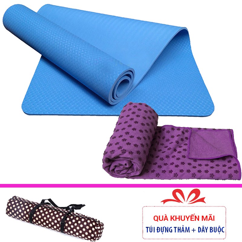 Combo thảm tập yoga TPE 1 lớp 8mm + Khăn trải thảm yoga (Tặng túi đựng thảm)