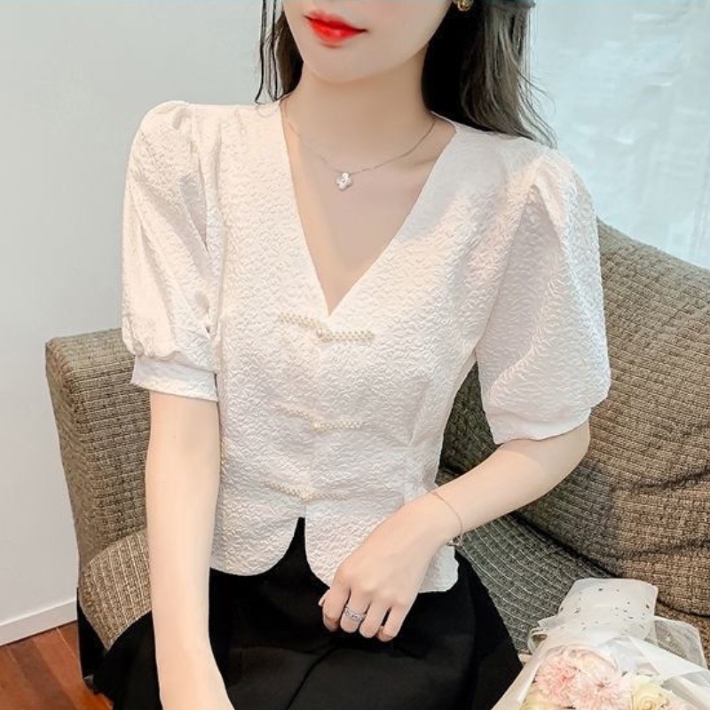Áo Croptop Tay Phồng Cổ Chữ V Màu Trắng Thiết Kế Đơn Giản Thời Trang Mùa Hè 2022 Mới
