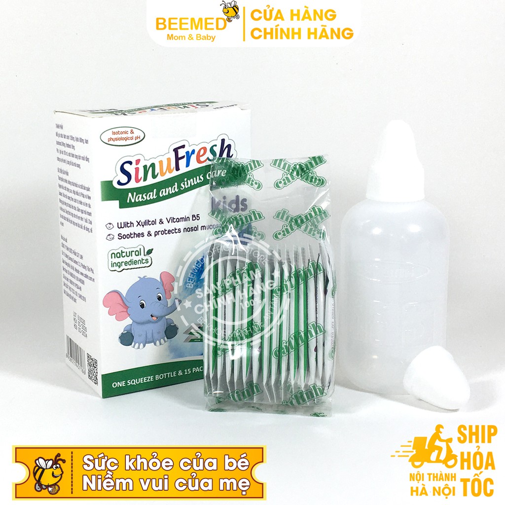 Bình rửa mũi cho bé  Sinufresh Kids chai 180ml Cát Linh tặng kèm 15 gói muối nano rửa xoang, dụng cụ có van điều chỉnh