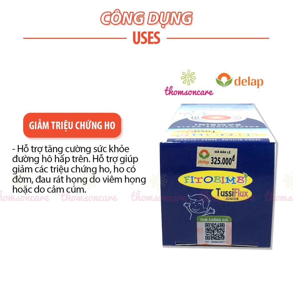 Fitobimbi TussiFlux Junior  hỗ trợ giảm ho cảm cúm, siro tăng đề kháng cho bé từ 1 tuổi, kết hợp xịt họng