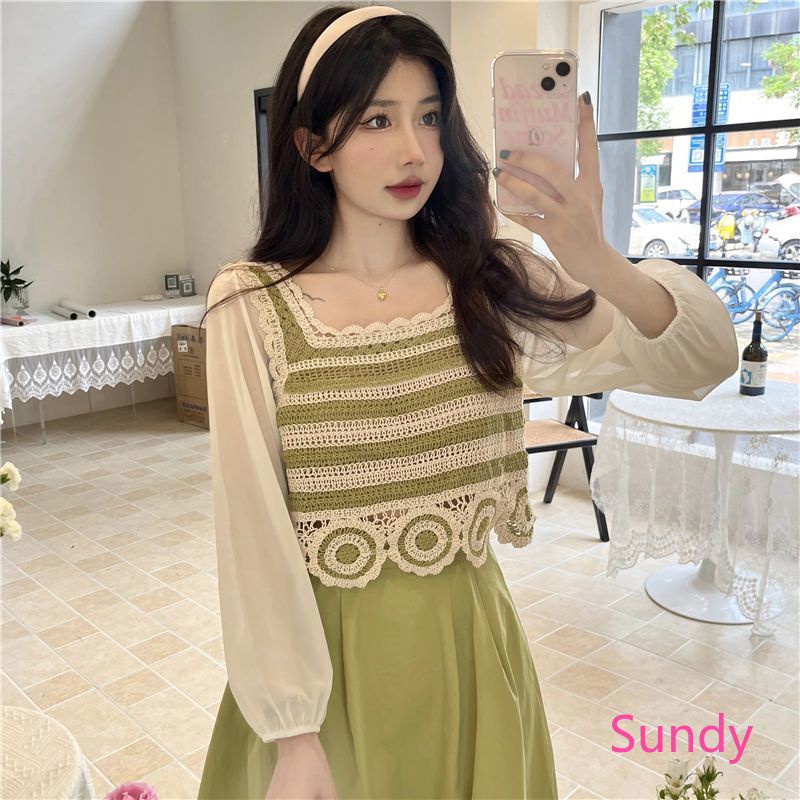 Áo Sơ Mi Chiffon Dệt Kim Tay Dài Cổ Vuông Phong Cách Hàn Quốc Thời Trang Mùa Thu Dành Cho Nữ