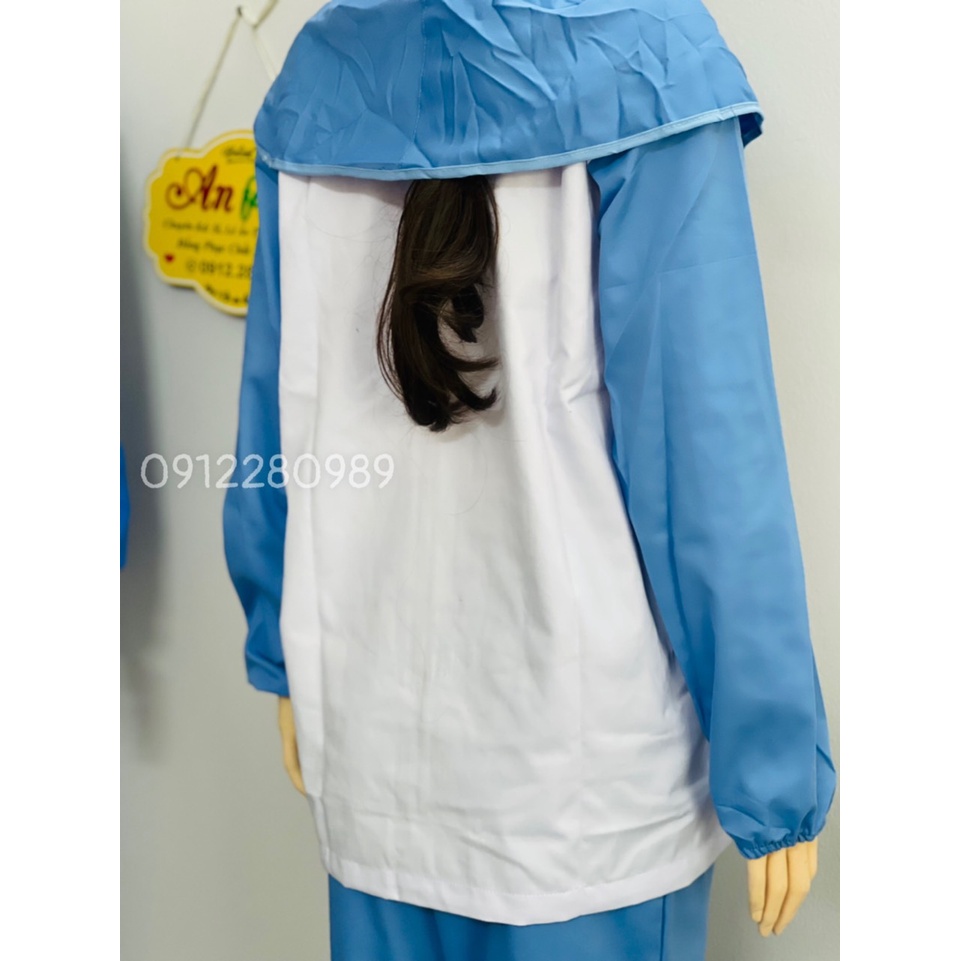 Đồng phục ngành thực phẩm, thủy sản vải kaki màu xanh dài tay _ Hình chụp thật