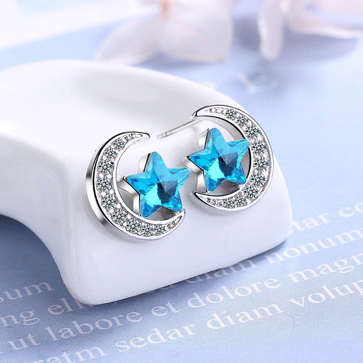 Bông tai thời trang nữ trăng sao, bạc ý S925 - HT237