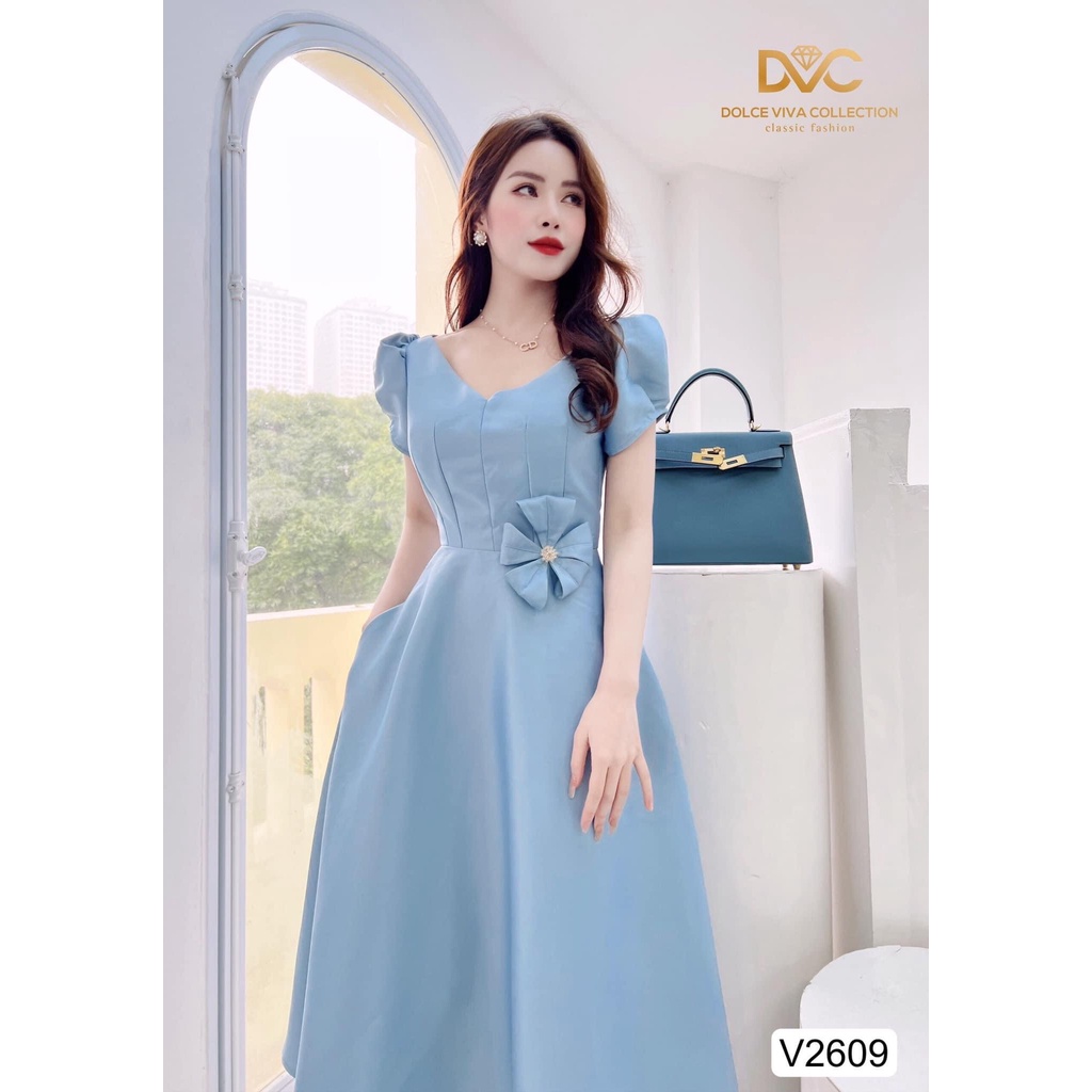 V2609 váy xanh tafta cổ v bồng xòe dự tiệc sang chảnh -  Dolce viva colection