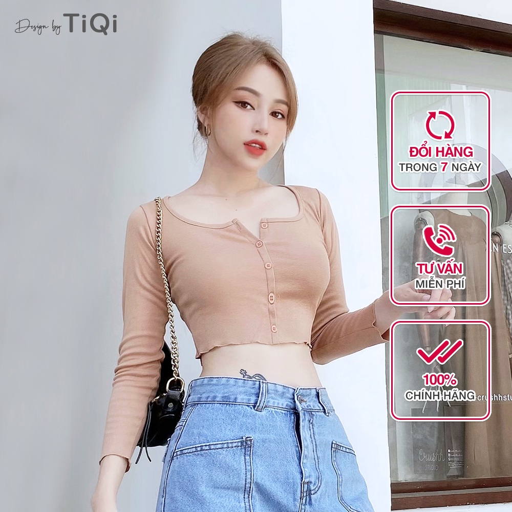 Áo croptop thun tay dài cổ tròn nút giữa nhiều màu TiQi Jeans A103