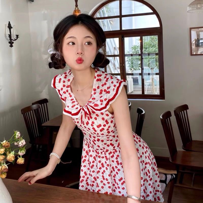 Đầm Hai Dây In Hình Trái Cherry Dễ Thương Phong Cách Lolita