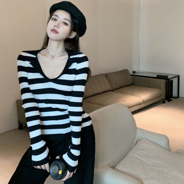 Áo kiểu ZHELIHANGFEI dệt kim tay dài cổ polo bẻ họa tiết kẻ sọc thời trang trẻ trung dành cho nữ