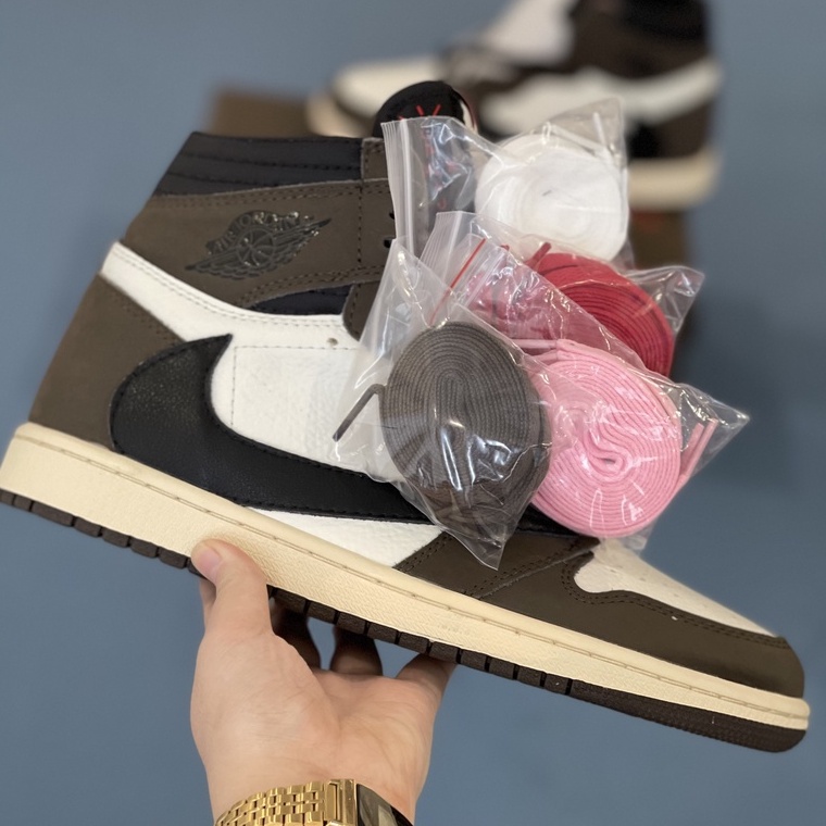 Giày Sneaker Nam Nữ Jordan 1 High Travis Scott Nâu Móc Ngược Fullbox Da Nhăn, Bo Viền. Giày thể thao tôn dáng cực chất