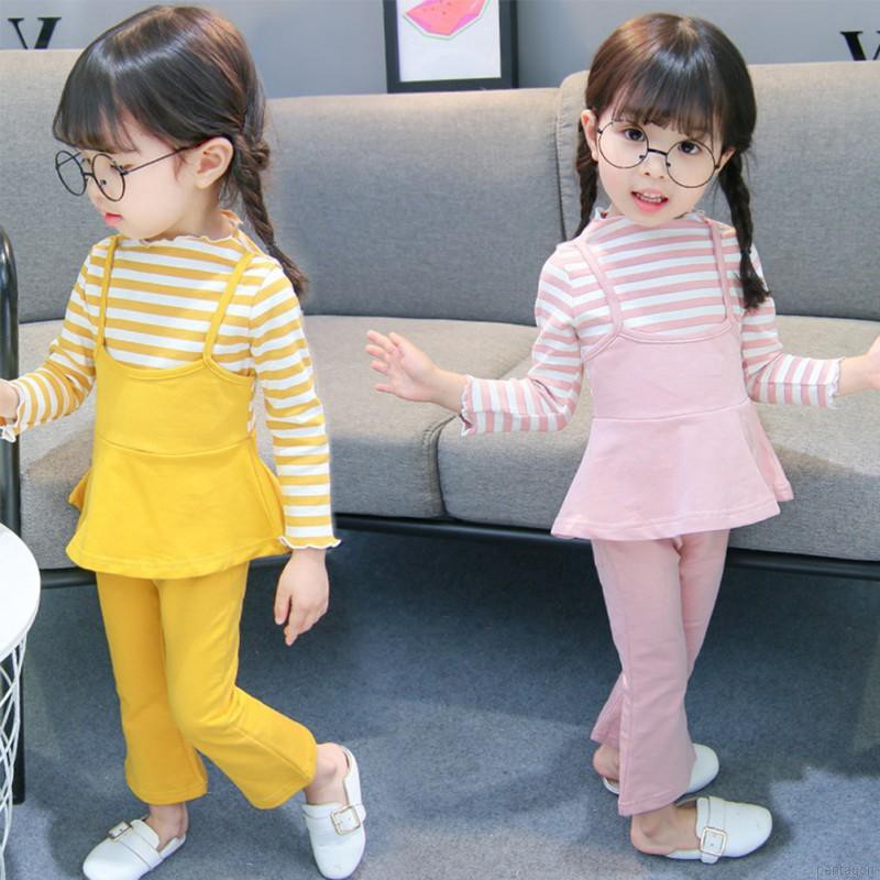 Set áo thun tay dài &amp; quần dài sọc ngang cho bé gái