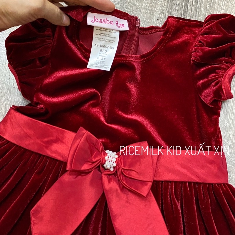 Váy đầm cho bé gái nhung màu đỏ đô xuất dư xịn