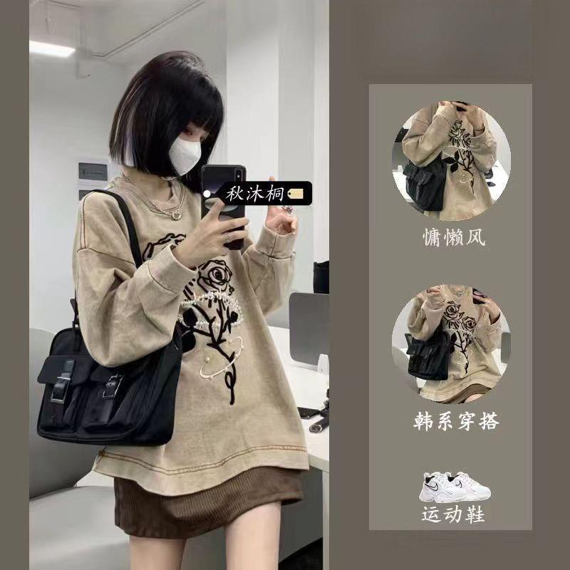 Áo Sweater Cổ Tròn Dáng Rộng Thêu Hình Hoa Hồng Thời Trang Thu Đông Phong Cách Retro Mỹ Mới