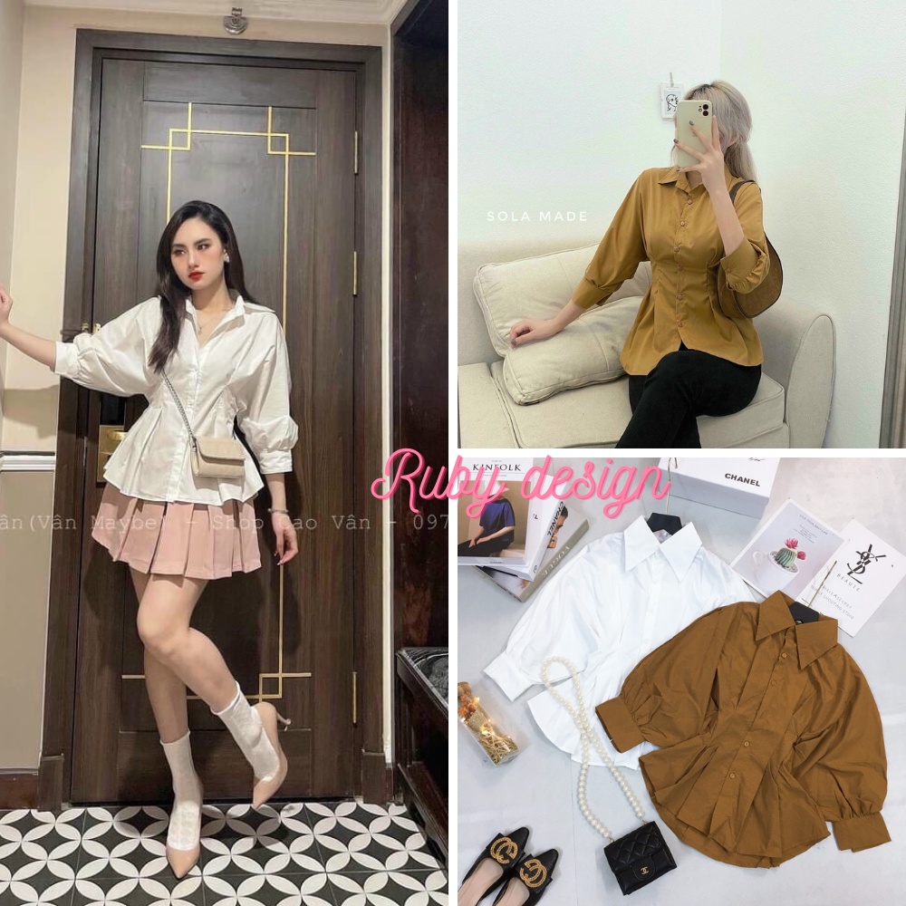 Áo sơ mi kiểu nữ , áo sơ mi nữ tay lỡ xếp ly chun lưng màu trắng nâu vải thô mềm cao cấp phong cách hàn quốc RubyShop