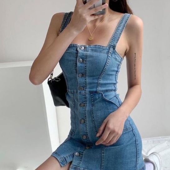 [MURIOKI] Đầm Denim Hai Dây Dáng Chữ A Phong Cách Hàn Quốc Thời Trang 2022 Cho Nữ