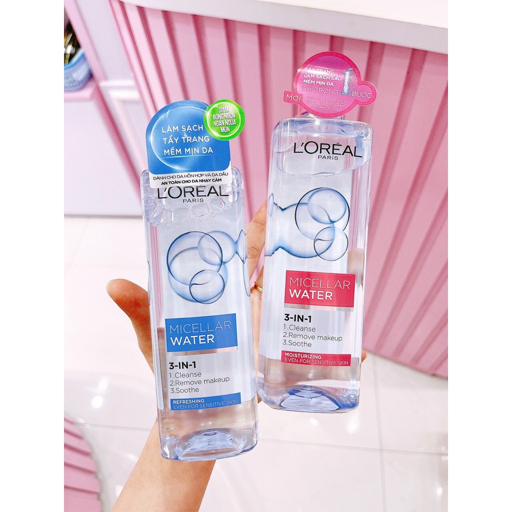 Nước Tẩy Trang L'Oreal 400ml 3-in1 Micellar Sạch Sâu, Tươi Mát Dành Cho Da Dầu Mụn, Da Khô, Da Nhạy Cảm Chính Hãng Pháp