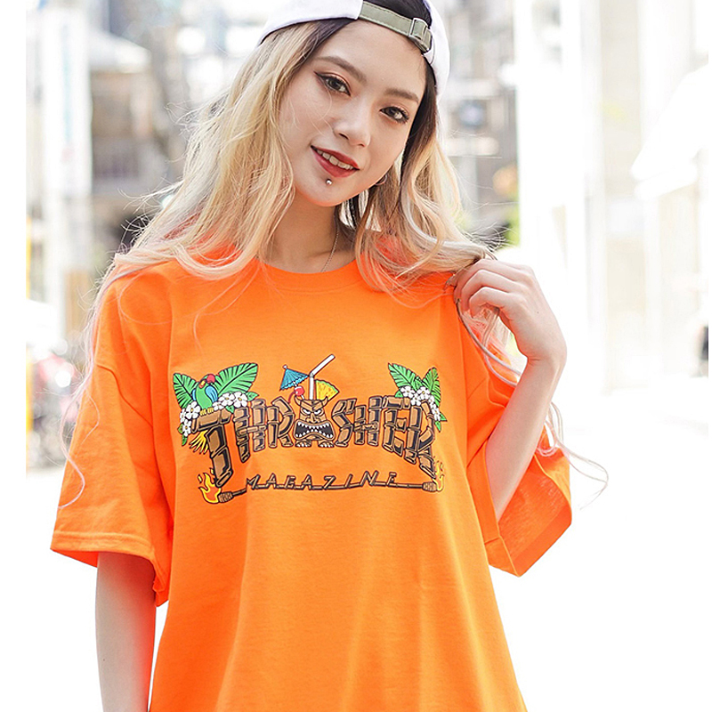 [Ready Spot] 2021 New Product Thrasher Tiki Totem Statue Flame Short Sleeve Unisex Fashion All-Match T-Shirt