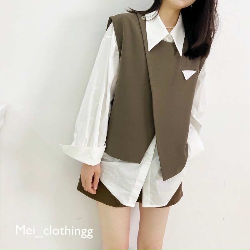 Set sơmi kèm gile ulzzang/ Áo gile vạt chéo sang chảnh
