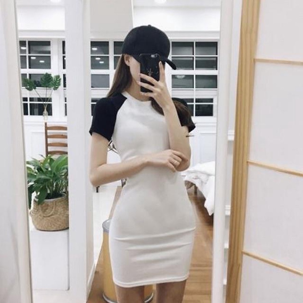 Váy Body Nữ Tay Lỡ Trắng Phối Tay Đen Form Chuẩn Tôn Dáng V0004 babytee