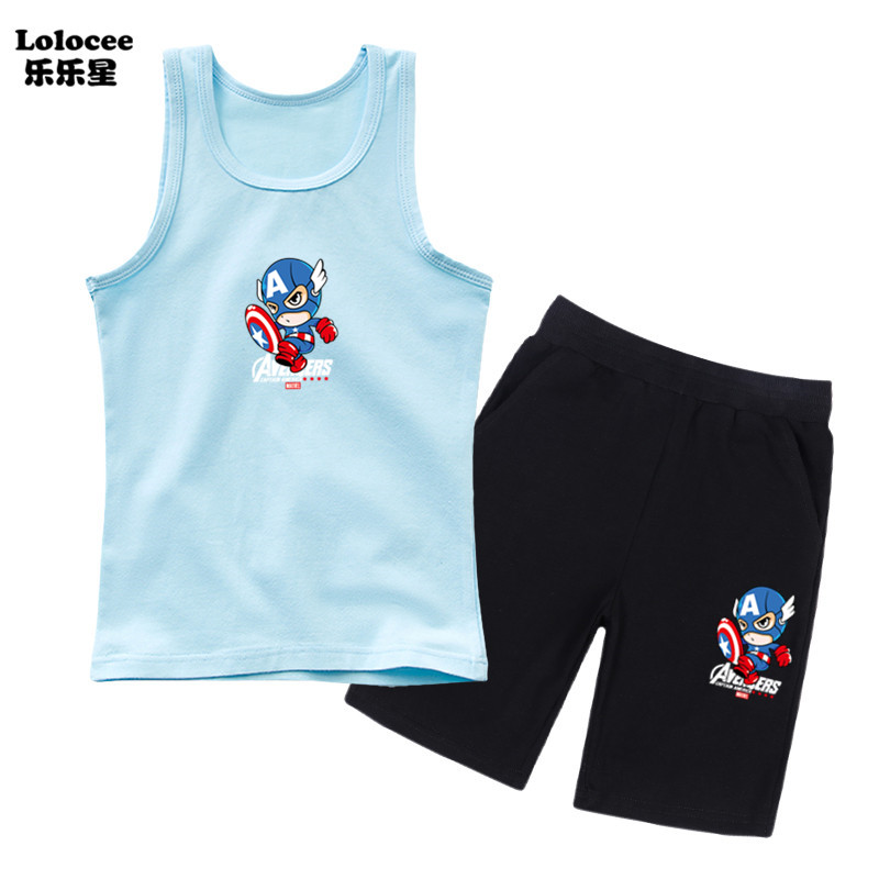 Trang phục xe tăng mùa hè dành cho bé trai Bộ đồ 2 mảnh dễ thương Captain America Bông không tay Xe tăng và quần đùi