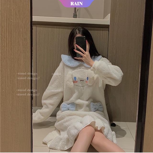 Đầm Ngủ Dáng Chữ A Tay Dài Bằng Vải Flannel Dày Viền Bèo In Họa Tiết Công Chúa Màu Trắng Sữa Dễ Thương Thời Trang Thu Đông Cho Nữ
