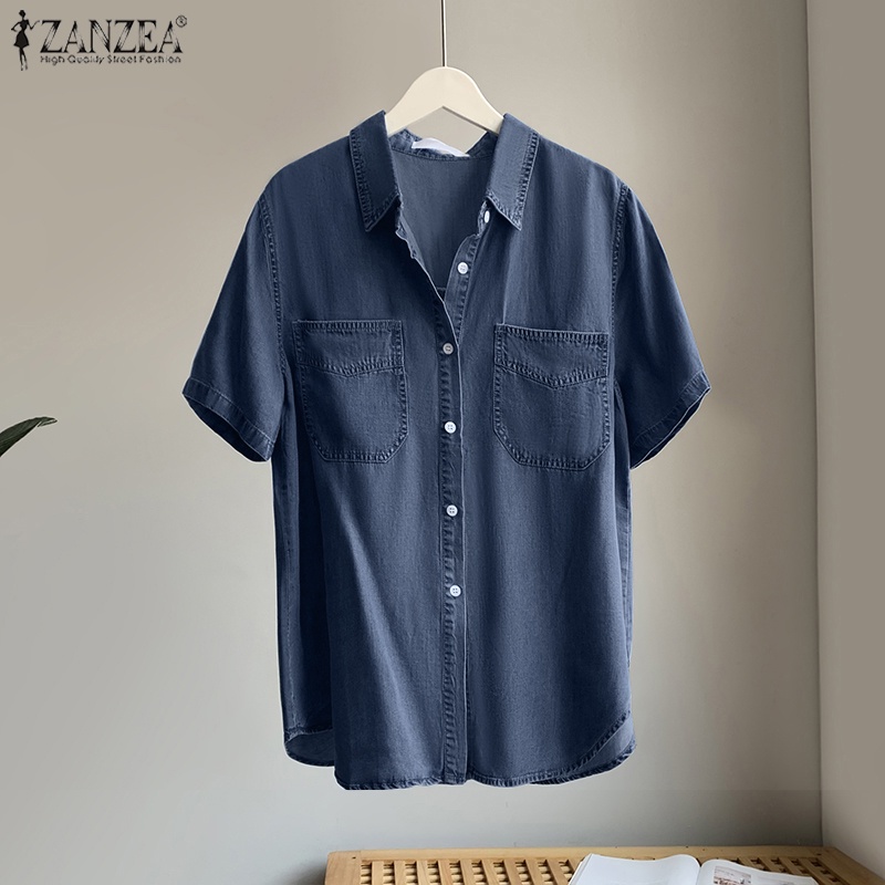 Áo sơ mi denim ZANZEA ngắn tay có túi thời trang nữ tính