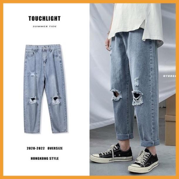 Quần Jeans Baggy Nam Rách Gối, Quần Jeans Nam Wash Bạc Rách Gối - Phong cách Hàn Quốc