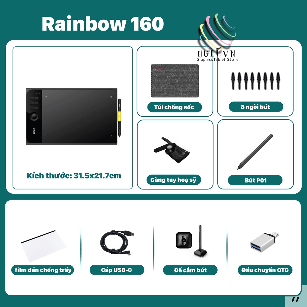 Bảng Vẽ Điện Tử Ugee RainBow 160 10x6 inch, Phím Xoay Dial, Lực Nhấn 8192 Chính Hãng