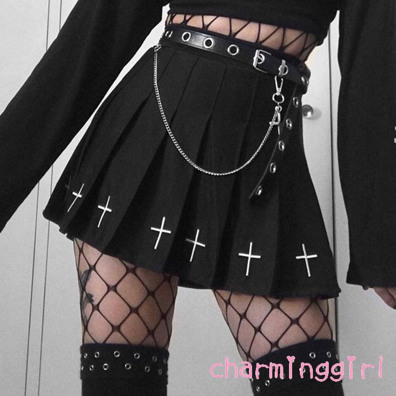 Chân váy ngắn xếp ly lưng cao họa tiết chữ thập phong cách Gothic Punk cho nữ