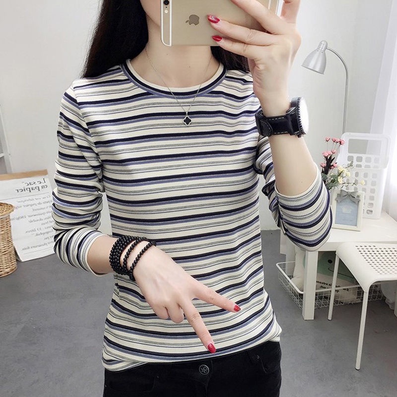 Áo thun tay dài cổ tròn họa tiết kẻ sọc thời trang cho nữ