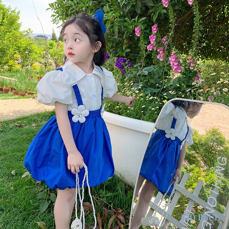 Bộ Áo Sơ Mi Phối Chân Váy Yếm Màu Xanh Dương Thời Trang Mùa Hè Xinh Xắn Cho Bé Gái