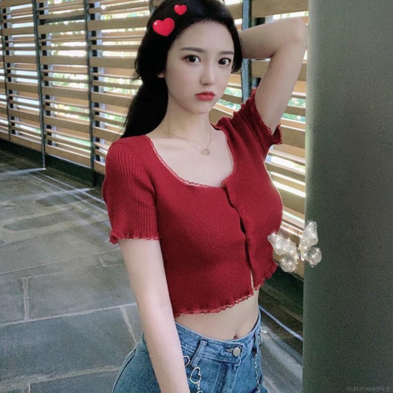 Áo thun lửng nữ tay ngắn dệt kim cổ tròn thời trang mới