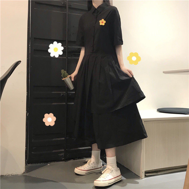 Đầm Tay Ngắn Dáng Rộng Màu Đen Thêu Họa Tiết Phong Cách Hàn Quốc Thời Trang Mùa Hè 2021