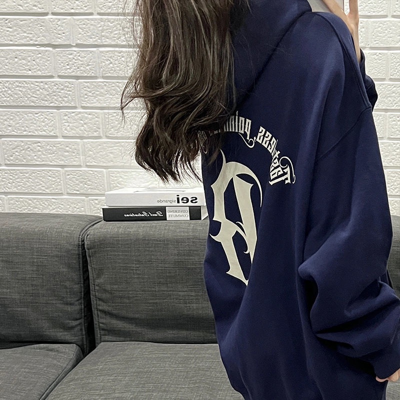 Áo Hoodie Chui Đầu Dáng Rộng In Chữ Phong Cách Hip Hop Đường Phố Mùa Thu