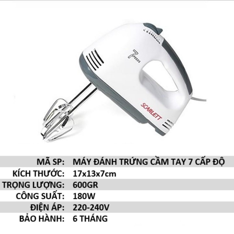 Máy Đánh Trứng Cầm Tay 7 Tốc Độ Công Suất 180W Kèm 4 Đầu Khuấy INOX Cao Cấp