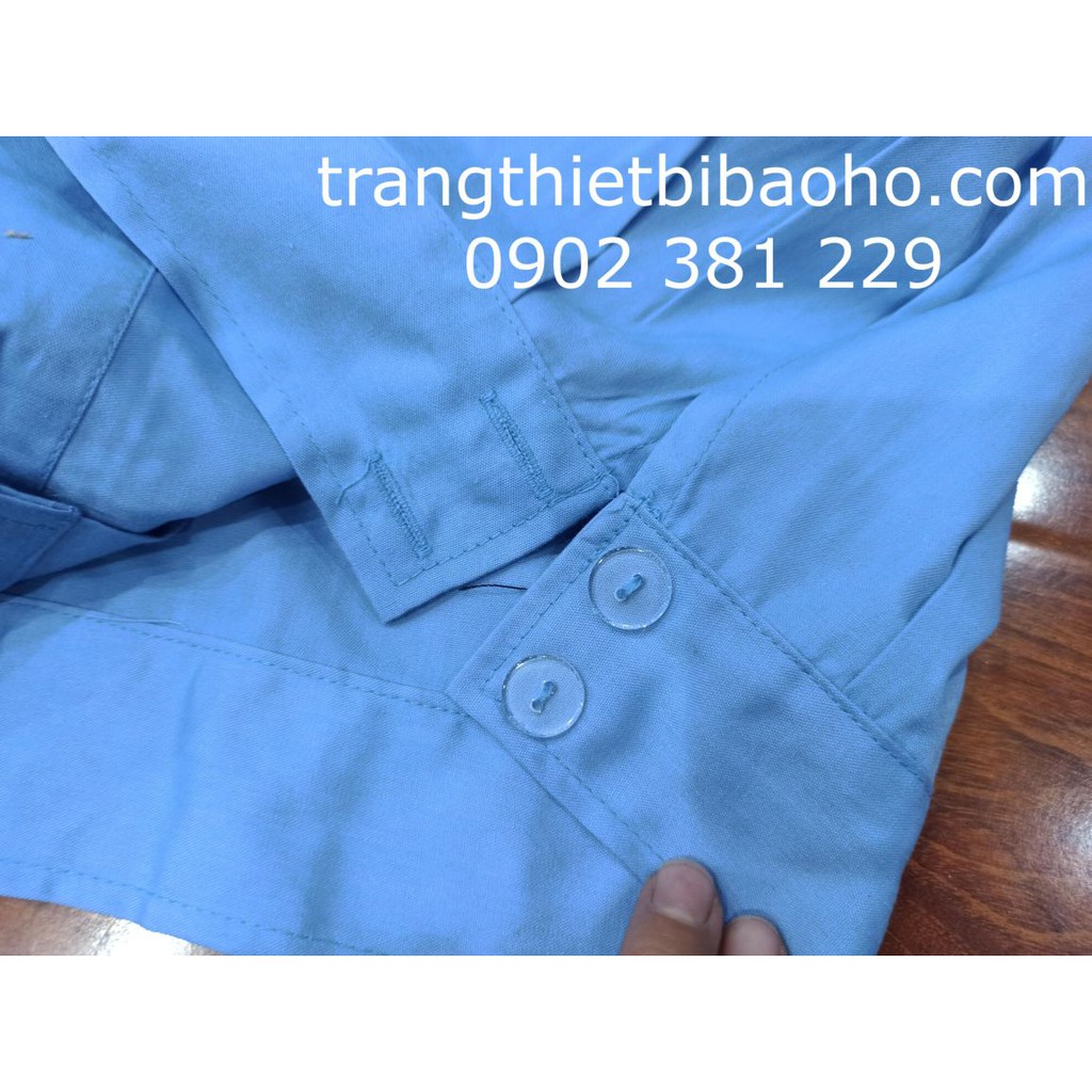 Áo bảo vệ bo dưới kiểu budong màu xanh dương kèm 2 logo - hình thật