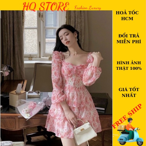 Đầm Tiểu Thư Xếp Tầng, Váy Voan Hoa Tay Dài Vai Cánh Cổ Vuông Có Lót Dây Kéo Lưng Kèm Mút - Maxi HQ store