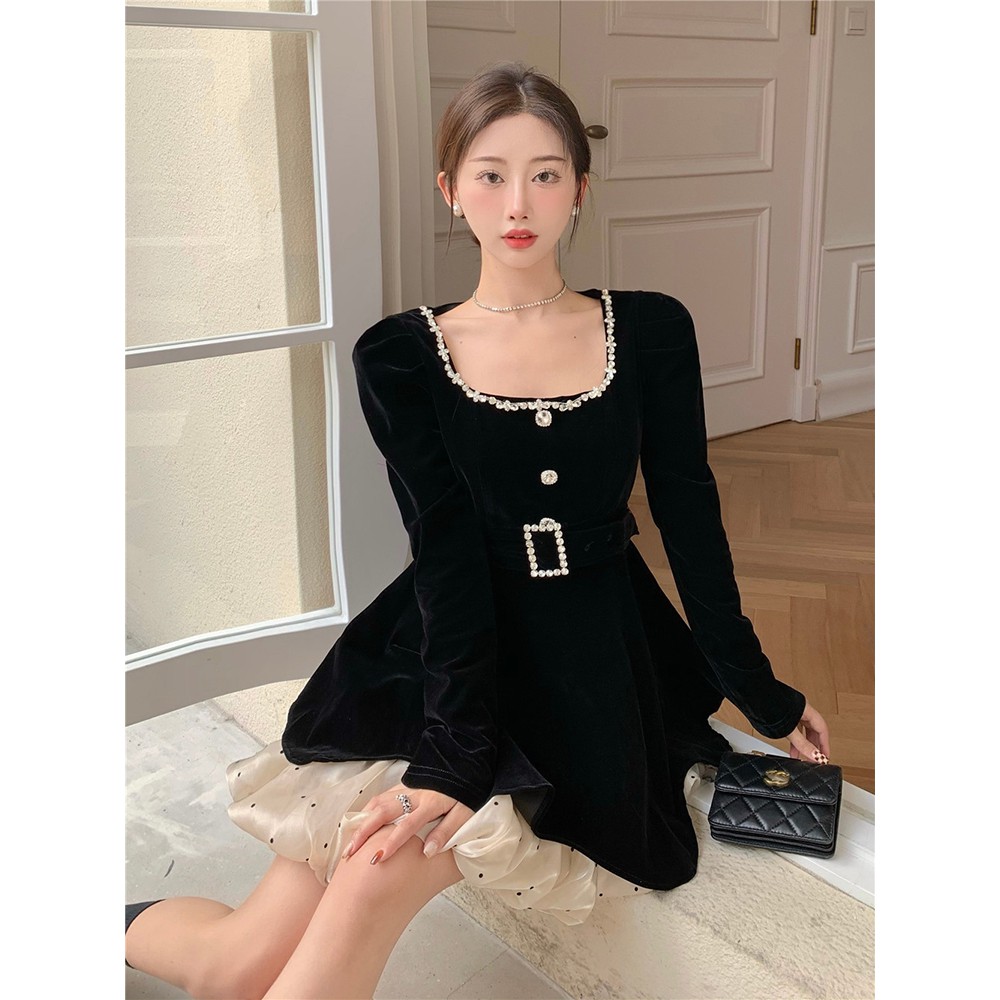 Váy nhung dài tay của nữ phong cách mùa thu kiểu Pháp hàng Quảng Châu cao cấp