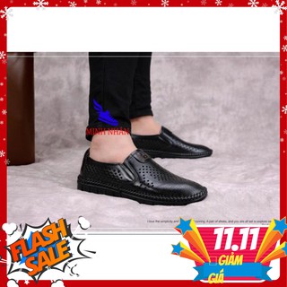 Giày lười da bò nguyên tấm đục lỗ thoáng mát GH-06 [đen,nâu]