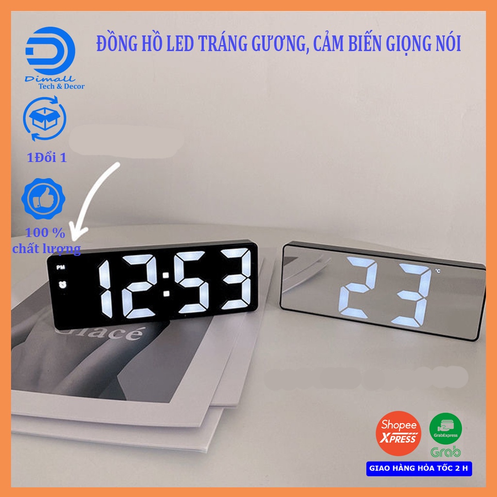 Đồng hồ led tráng gương, chữ nhật bản to, kết hợp có báo thức để bàn hoặc treo tường