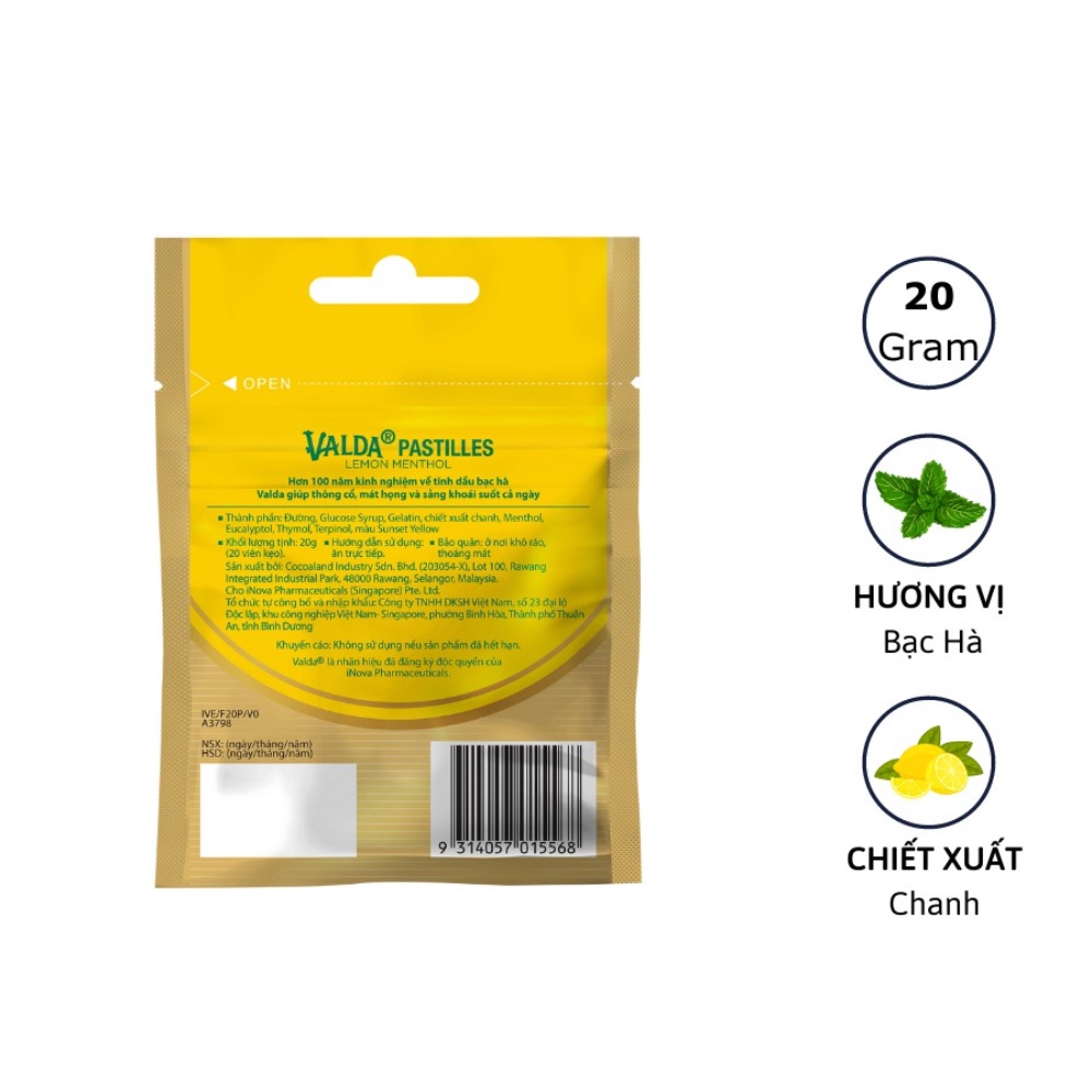 Combo 3 gói kẹo dẻo Valda Pastilles: Orginal Menthol 50g + 20g, Lemon Menthol