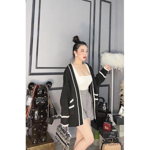 Áo Cadigan len nữ dáng dài viền dọc siêu đẹp