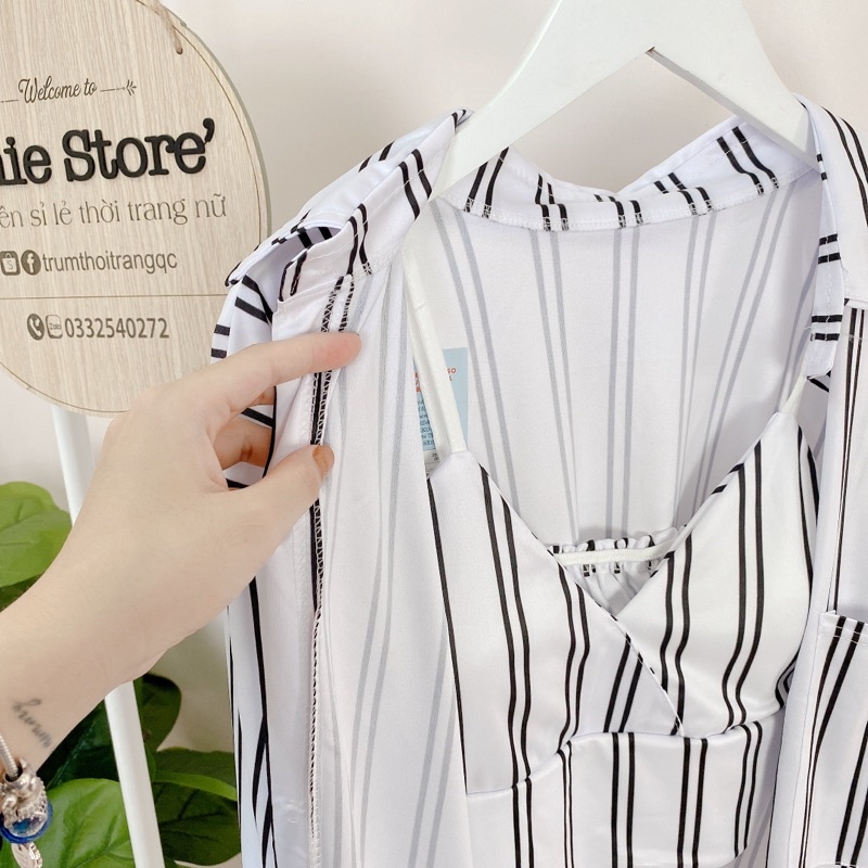 Bộ Áo Sơ Mi Bra Kẻ Nữ 🦋 Set Somi Dài Tay Nữ Kèm Áo 2 Dây Có Mút Ngực🦋 | BigBuy360 - bigbuy360.vn