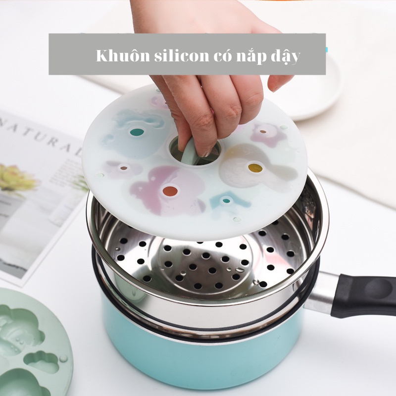 Khuôn bánh silicon hình con vật có nắp, khuôn hấp bánh nướng bánh làm pudding cho bé ăn dặm