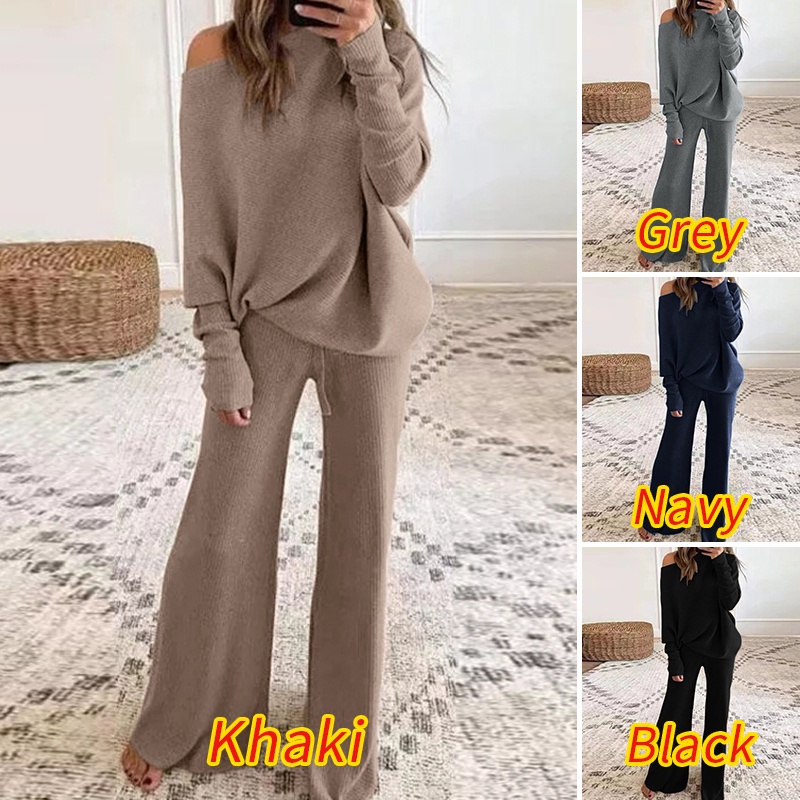 Set đồ ZANZEA áo cổ tròn tay cánh dơi kèm quần ống rộng lưng cao giữ ấm thời trang giản dị dành cho nữ