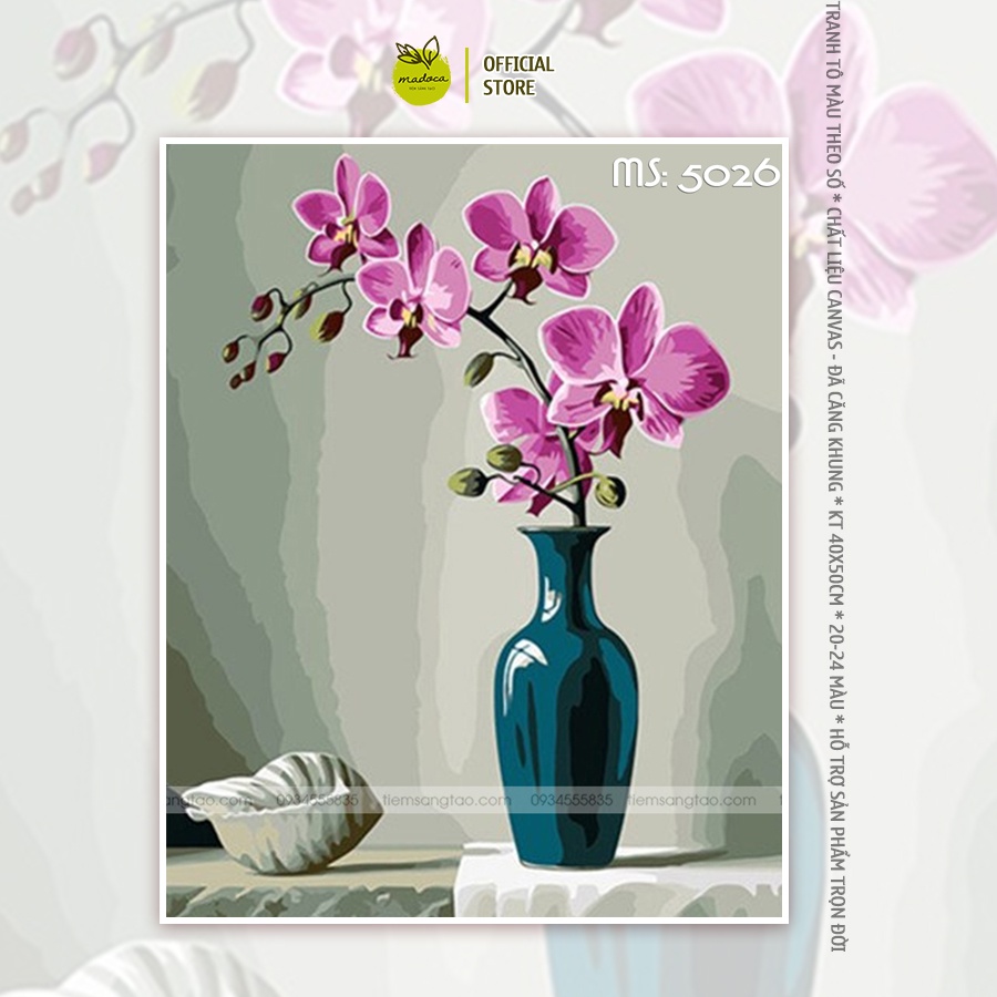 Tranh tô màu số hóa Madoca có khung 40x50cm lọ hoa lan tím bên vỏ ốc T5026
