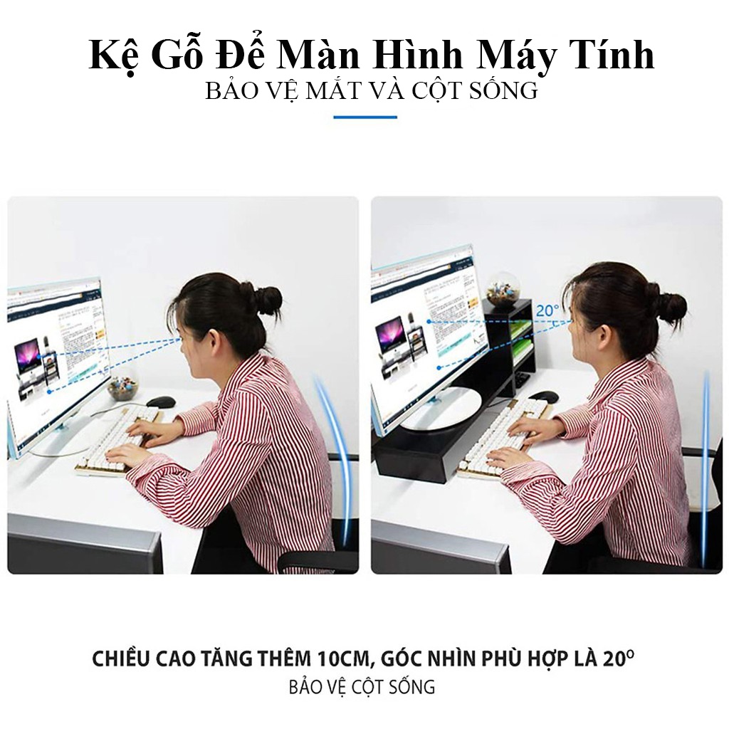 Kệ gỗ để màn hình chân sắt máy tính, laptop cho bàn làm việc, 100% gỗ thông