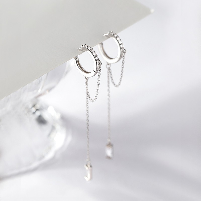 Bông tai đính đá phối tua rua dài đơn giản C173